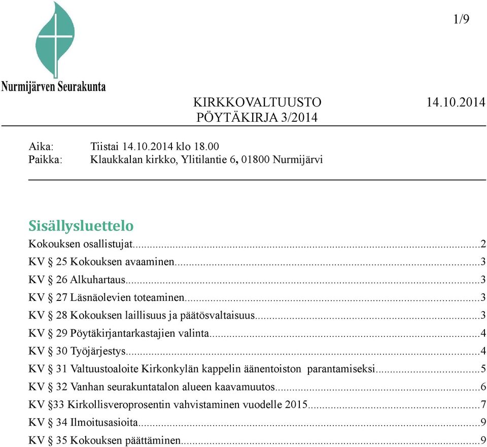 ..3 KV 29 Pöytäkirjantarkastajien valinta...4 KV 30 Työjärjestys...4 KV 31 Valtuustoaloite Kirkonkylän kappelin äänentoiston parantamiseksi.