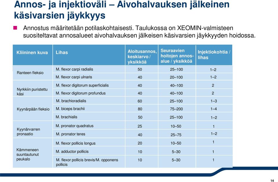 Kliininen kuva Lihas Aloitusannos, keskiarvo / yksikköä Seuraavien hoitojen annosalue / yksikköä Injektiokohtia / lihas Ranteen fleksio M. flexor carpi radialis M.
