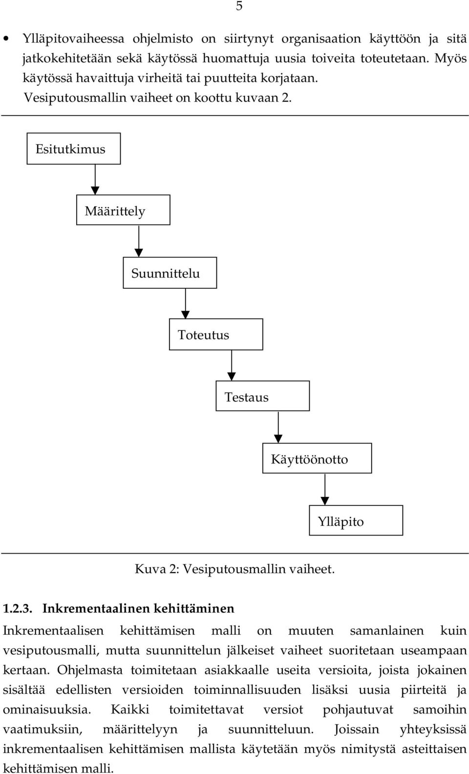 Esitutkimus Määrittely Suunnittelu Toteutus Testaus Käyttöönotto Ylläpito Kuva 2: Vesiputousmallin vaiheet. 1.2.3.