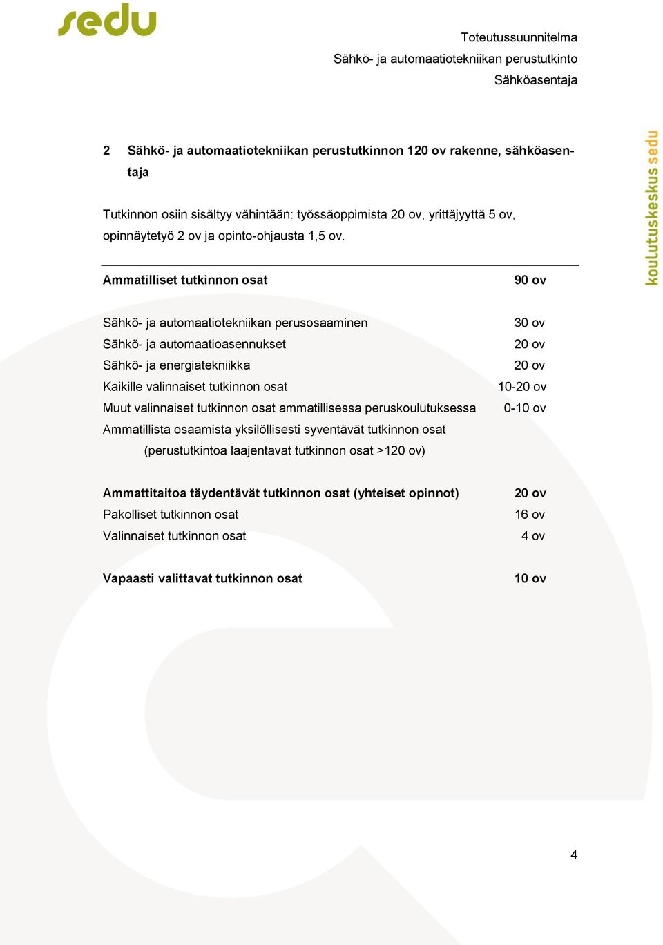 Ammatilliset tutkinnon osat 90 ov Sähkö- ja automaatiotekniikan perusosaaminen Sähkö- ja automaatioasennukset Sähkö- ja energiatekniikka Kaikille valinnaiset tutkinnon osat Muut valinnaiset