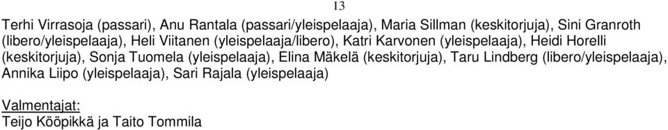 Horelli (keskitorjuja), Sonja Tuomela (yleispelaaja), Elina Mäkelä (keskitorjuja), Taru Lindberg