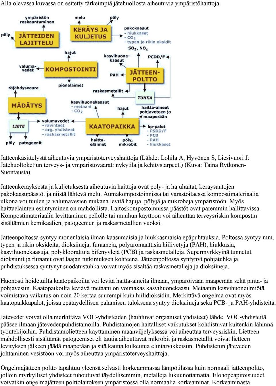 ) (Kuva: Taina Rytkönen- Suontausta). Jätteenkeräyksestä ja kuljetuksesta aiheutuvia haittoja ovat pöly- ja hajuhaitat, keräysautojen pakokaasupäästöt ja niistä lähtevä melu.