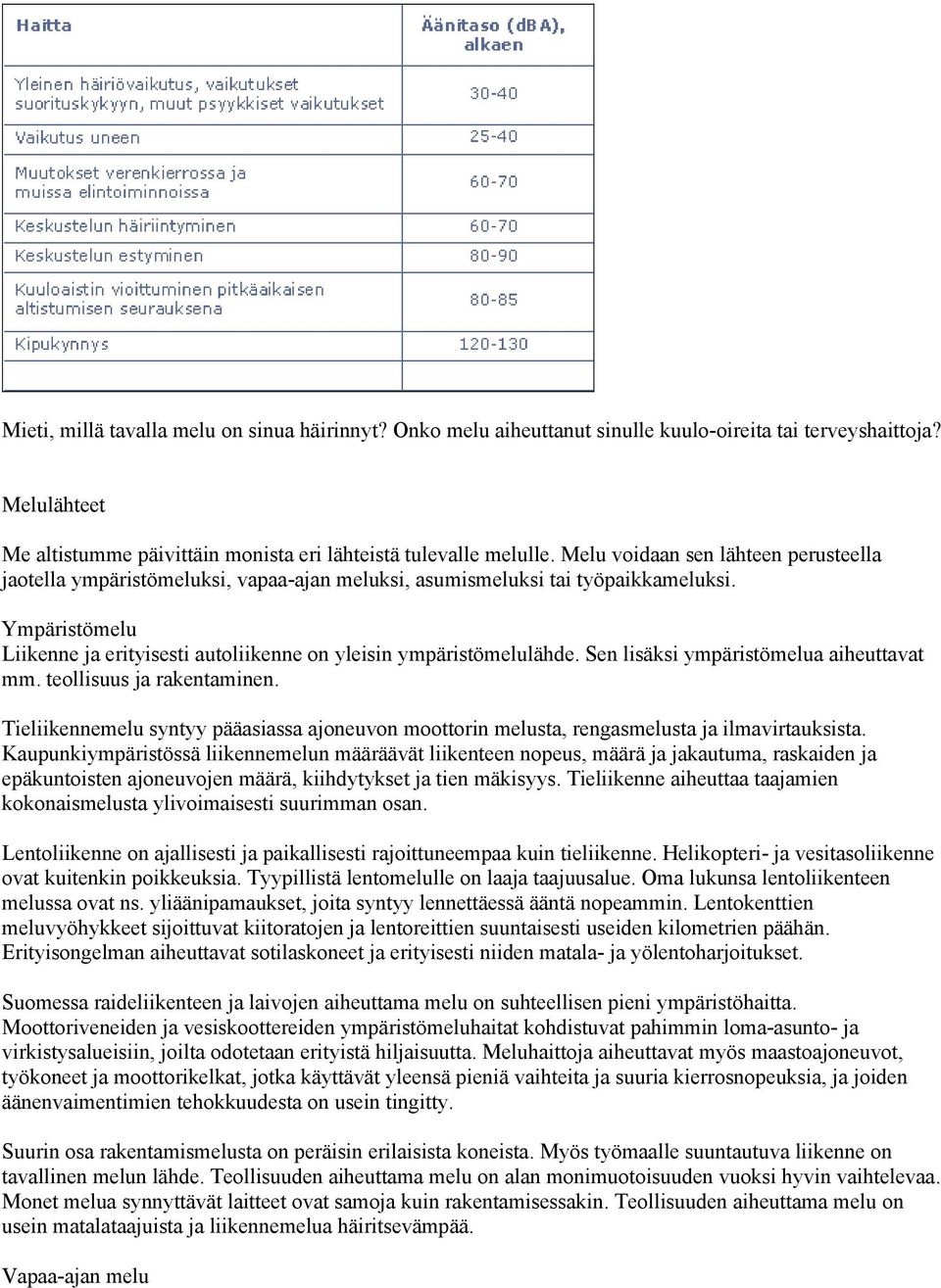 Ympäristömelu Liikenne ja erityisesti autoliikenne on yleisin ympäristömelulähde. Sen lisäksi ympäristömelua aiheuttavat mm. teollisuus ja rakentaminen.