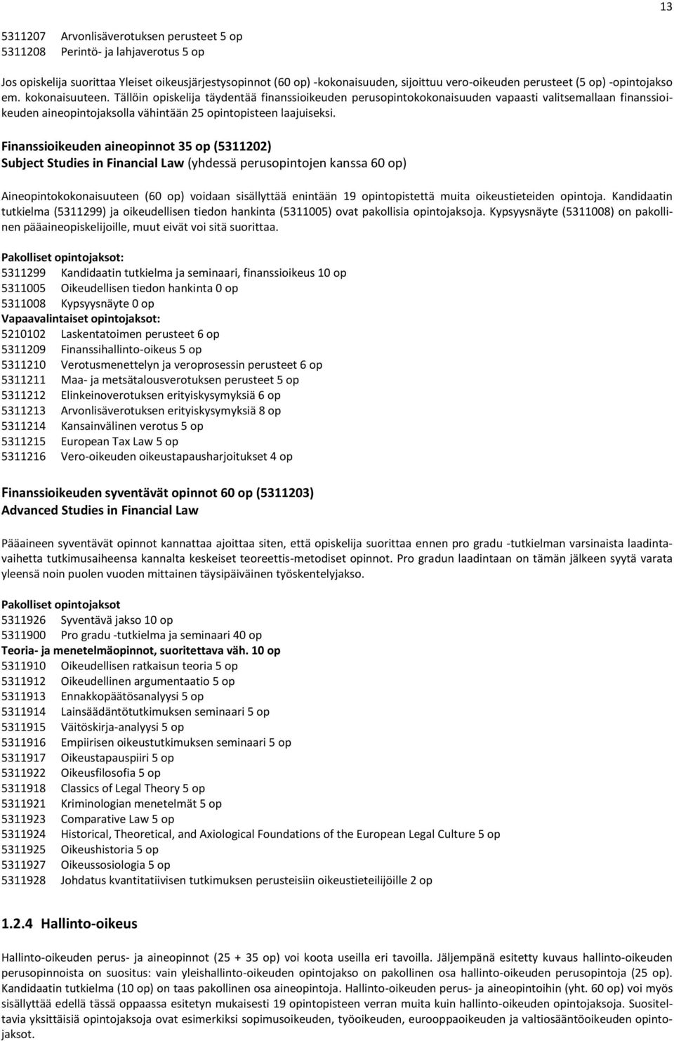 Tällöin opiskelija täydentää finanssioikeuden perusopintokokonaisuuden vapaasti valitsemallaan finanssioikeuden aineopintojaksolla vähintään 25 opintopisteen laajuiseksi.