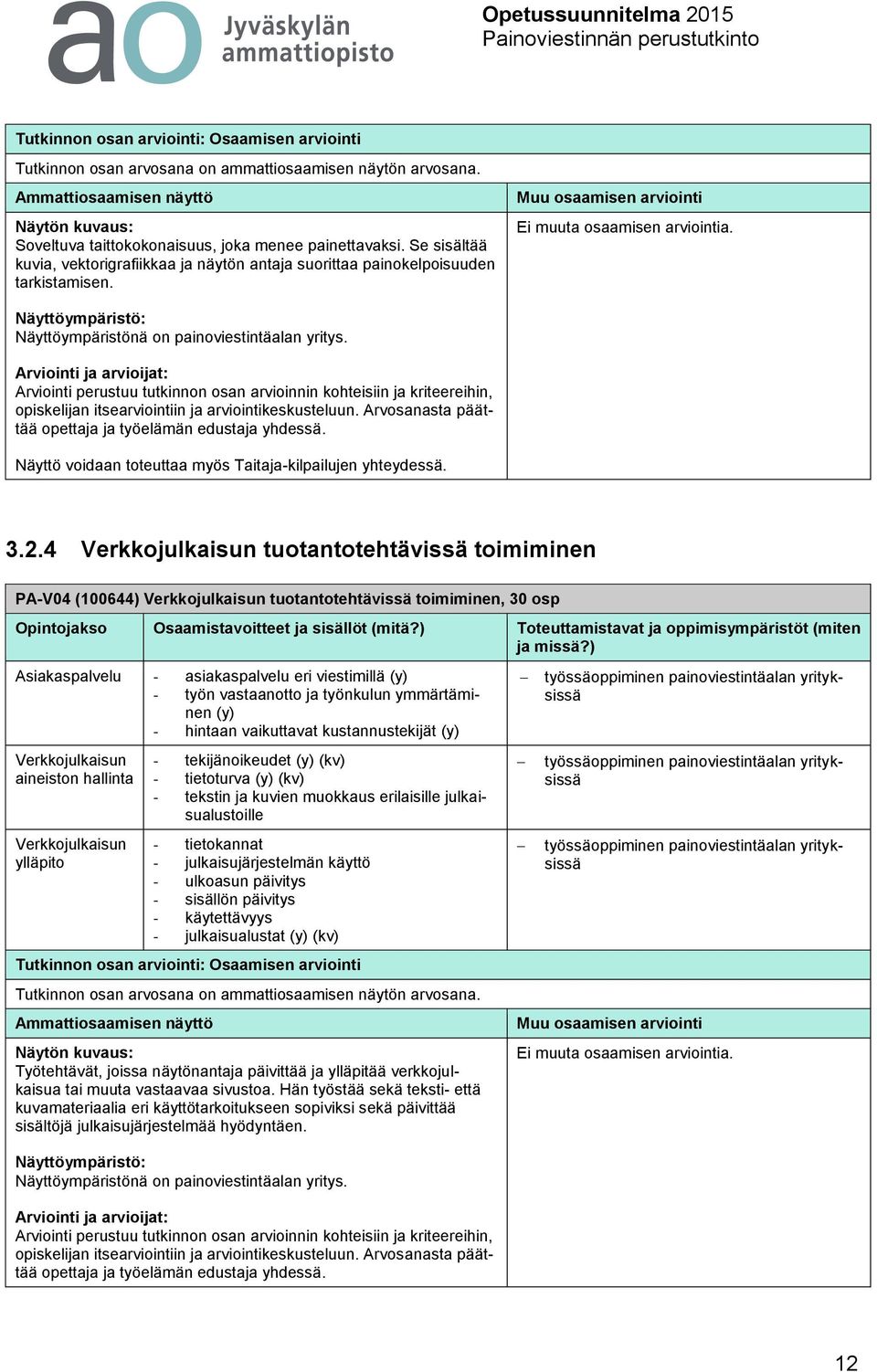 4 Verkkojulkaisun tuotantotehtävissä toimiminen PA-V04 (100644) Verkkojulkaisun tuotantotehtävissä toimiminen, 30 osp Asiakaspalvelu - asiakaspalvelu eri viestimillä - työn vastaanotto ja työnkulun