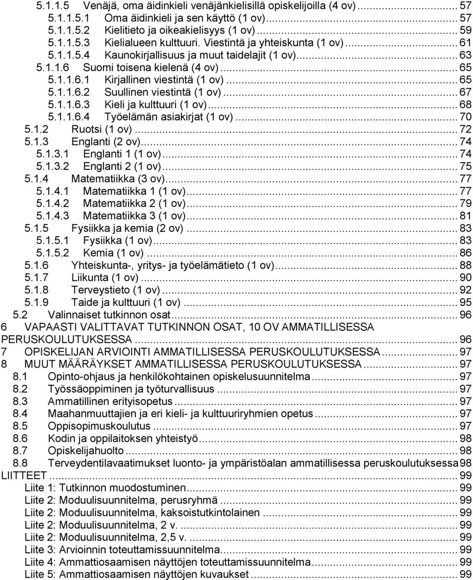 .. 67 5.1.1.6.3 Kieli ja kulttuuri (1 ov)... 68 5.1.1.6.4 Työelämän asiakirjat (1 ov)... 70 5.1.2 Ruotsi (1 ov)... 72 5.1.3 Englanti (2 ov)... 74 5.1.3.1 Englanti 1 (1 ov)... 74 5.1.3.2 Englanti 2 (1 ov).