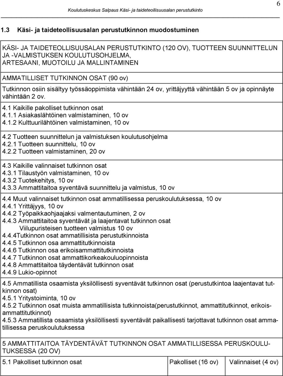 1 Kaikille pakolliset tutkinnon osat 4.1.1 Asiakaslähtöinen valmistaminen, 10 ov 4.1.2 Kulttuurilähtöinen valmistaminen, 10 ov 4.2 Tuotteen suunnittelun ja valmistuksen koulutusohjelma 4.2.1 Tuotteen suunnittelu, 10 ov 4.