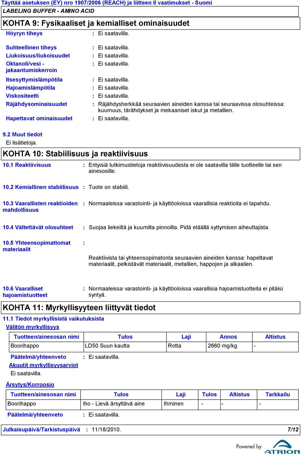 tai seuraavissa olosuhteissa kuumuus, tärähdykset ja mekaaniset iskut ja metallien. 9.2 Muut tiedot Ei lisätietoja. KOHTA 10 Stabiilisuus ja reaktiivisuus 10.