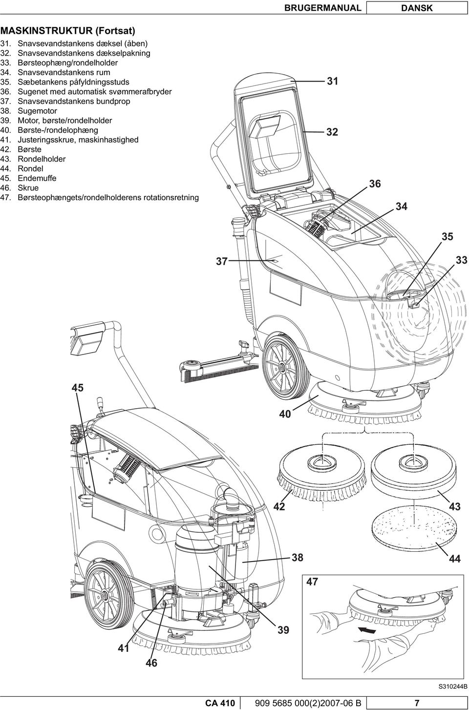 Sugenet med automatisk svømmerafbryder Snavsevandstankens bundprop Sugemotor Motor, børste/rondelholder Børste-/rondelophæng Justeringsskrue,