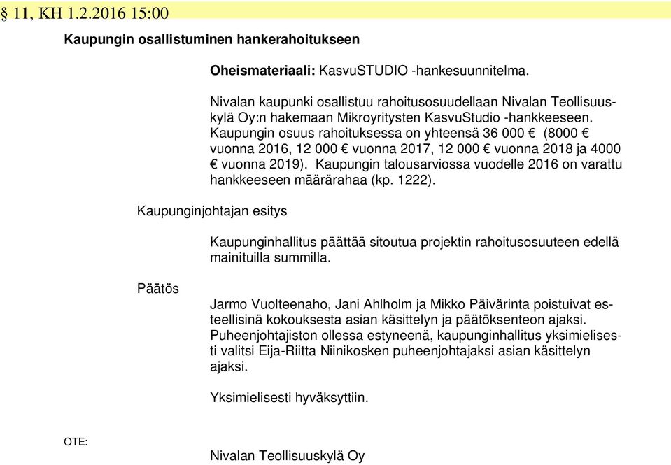 Kaupungin osuus rahoituksessa on yhteensä 36 000 (8000 vuonna 2016, 12 000 vuonna 2017, 12 000 vuonna 2018 ja 4000 vuonna 2019).