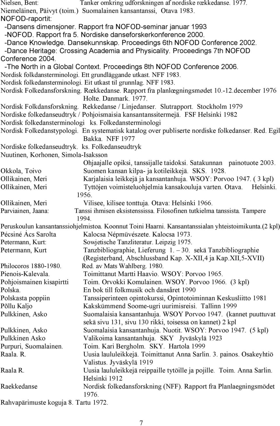 Dance Heritage: Crossing Academia and Physicality. Proceedings 7th NOFOD Conference 2004. The North in a Global Context. Proceedings 8th NOFOD Conference 2006. Nordisk folkdansterminologi.