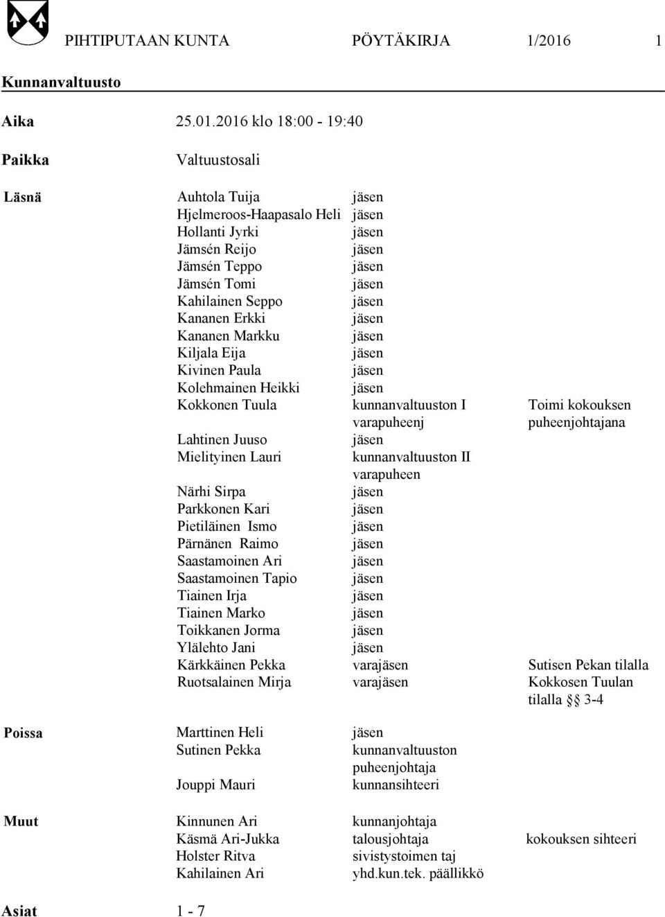 2016 klo 18:00-19:40 Paikka Valtuustosali Läsnä Auhtola Tuija Hjelmeroos-Haapasalo Heli Hollanti Jyrki Jämsén Reijo Jämsén Teppo Jämsén Tomi Kahilainen Seppo Kananen Erkki Kananen Markku Kiljala Eija