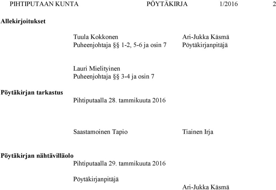 osin 7 Pöytäkirjan tarkastus Pihtiputaalla 28.