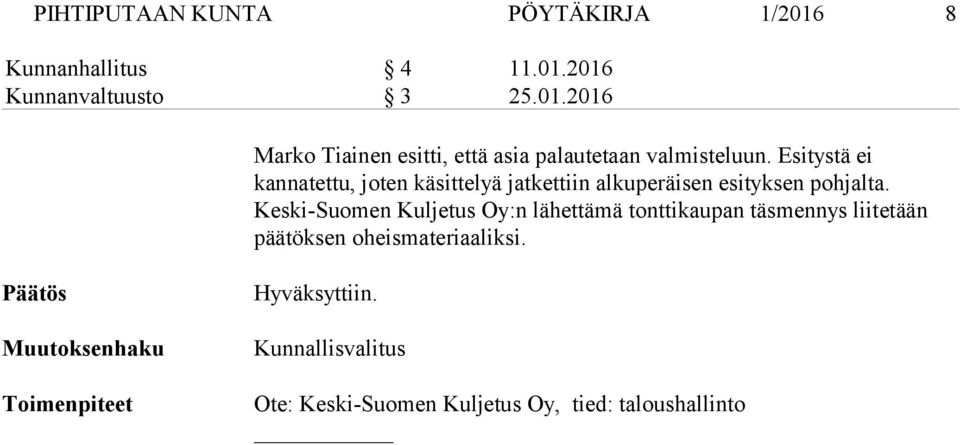 Keski-Suomen Kuljetus Oy:n lähettämä tonttikaupan täsmennys liitetään päätöksen oheismateriaaliksi.