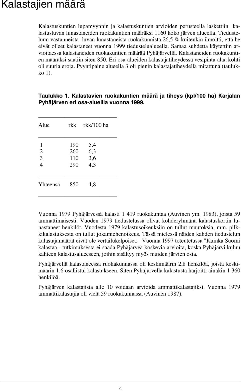 Samaa suhdetta käytettiin arvioitaessa kalastaneiden ruokakuntien määrää Pyhäjärvellä. Kalastaneiden ruokakuntien määräksi saatiin siten 850.