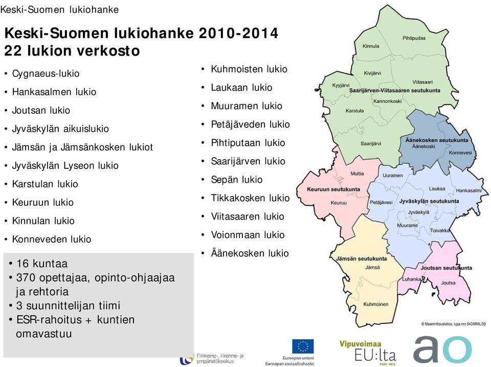 opettajaa, opinto-ohjaajaa ja rehtoria 3 suunnittelijan tiimi ESR-rahoitus + kuntien omavastuu Kuhmoisten lukio Laukaan lukio