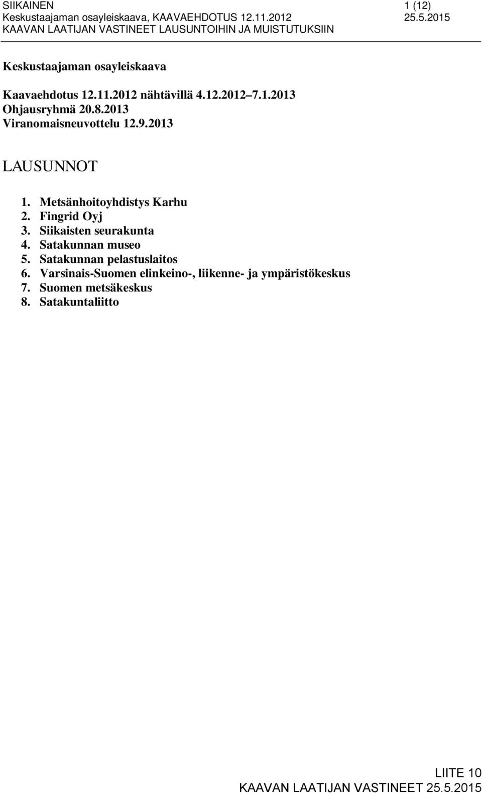 Siikaisten seurakunta 4. Satakunnan museo 5. Satakunnan pelastuslaitos 6.