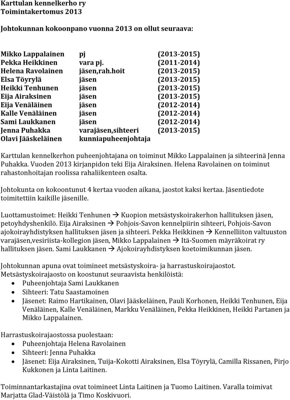 jäsen (2012 2014) Jenna Puhakka varajäsen,sihteeri (2013 2015) Olavi Jääskeläinen kunniapuheenjohtaja Karttulan kennelkerhon puheenjohtajana on toiminut Mikko Lappalainen ja sihteerinä Jenna Puhakka.