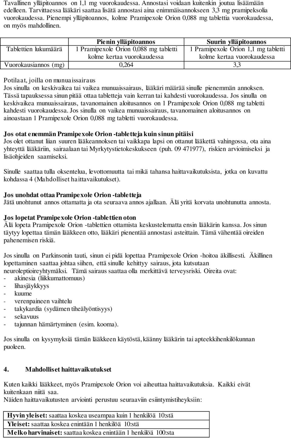 Pienempi ylläpitoannos, kolme Pramipexole Orion 0,088 mg tablettia vuorokaudessa, on myös mahdollinen.