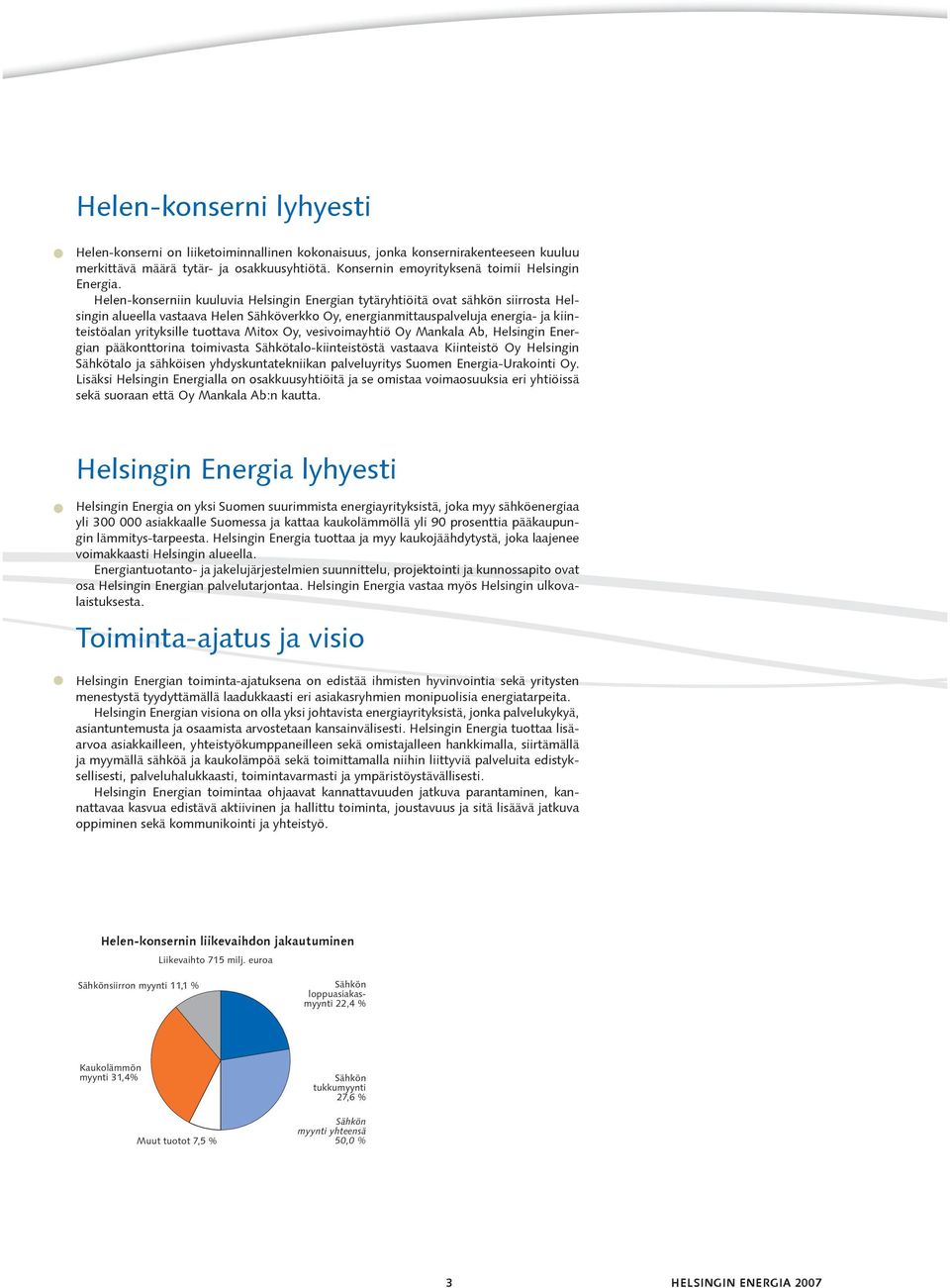 Helen-konserniin kuuluvia Helsingin Energian tytäryhtiöitä ovat sähkön siirrosta Helsingin alueella vastaava Helen Sähköverkko Oy, energianmittauspalveluja energia- ja kiinteistöalan yrityksille