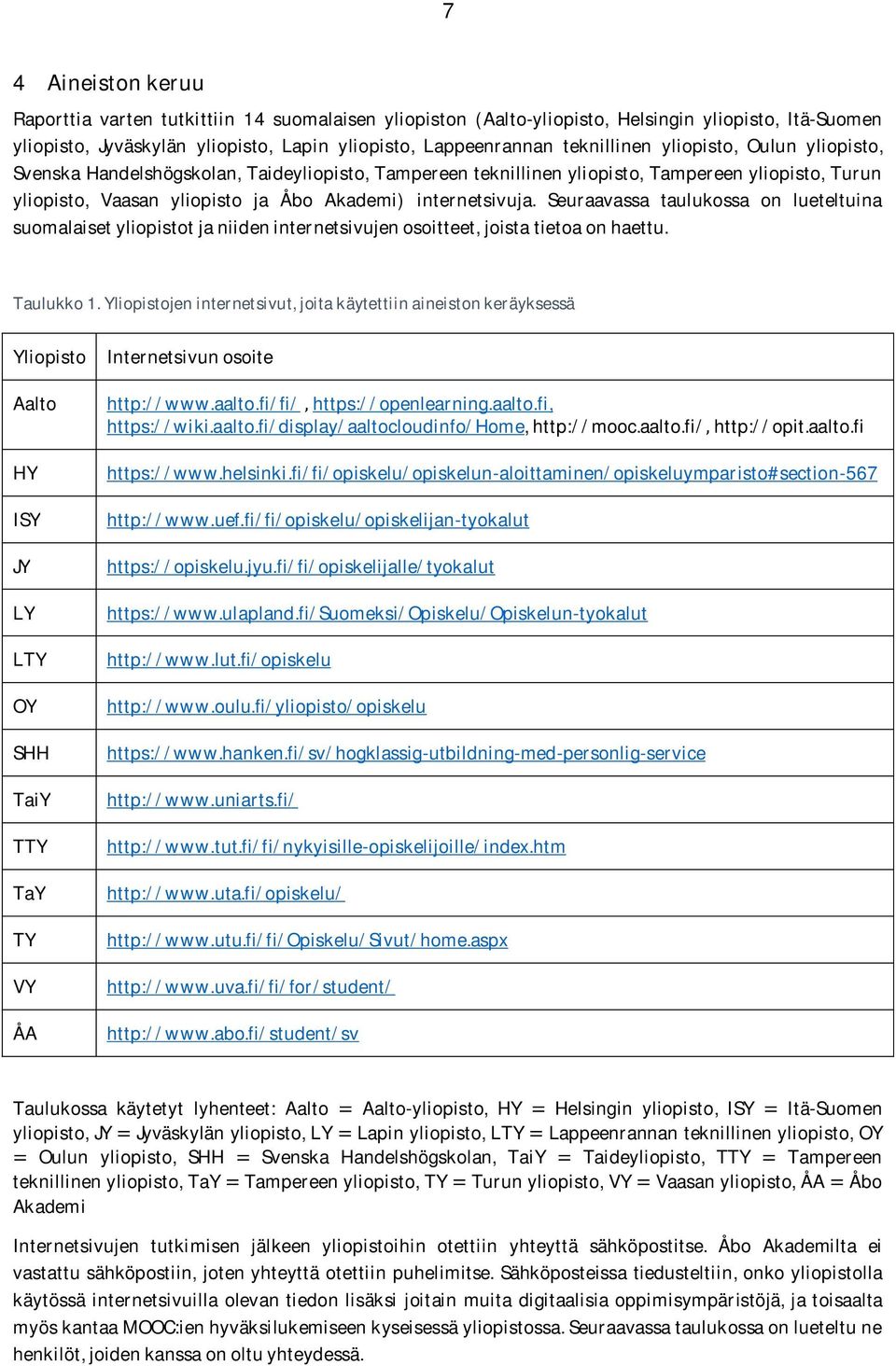 Seuraavassa taulukossa on lueteltuina suomalaiset yliopistot ja niiden internetsivujen osoitteet, joista tietoa on haettu. Taulukko 1.