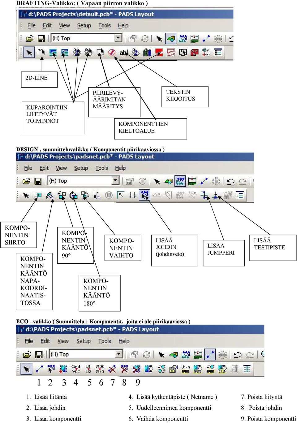 NENTIN VAIHTO LISÄÄ JOHDIN (johdinveto) LISÄÄ JUMPPERI LISÄÄ TESTIPISTE ECO valikko ( Suunnittelu : Komponentit, joita ei ole piirikaaviossa ) 1 2 3 4 5 6 7 8 9 1.