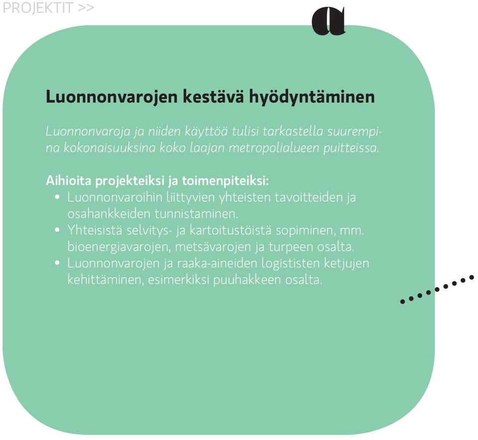 Aihioita projekteiksi ja toimenpiteiksi: Luonnonvaroihin liittyvien yhteisten tavoitteiden ja osahankkeiden tunnistaminen.