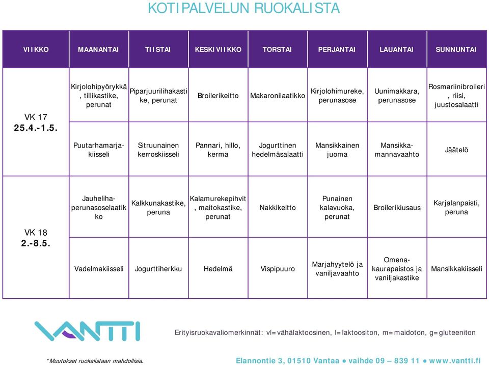 Kirjolohipyörykkä, tillikastike, Piparjuurilihakasti ke, Broilerikeitto Makaronilaatikko Kirjolohimureke, sose Uunimakkara, sose