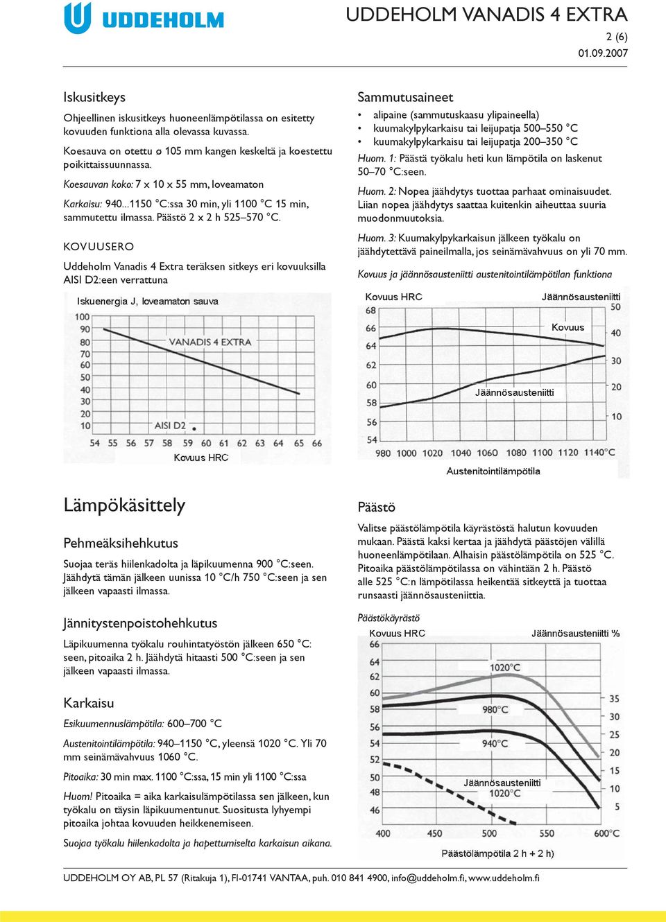 KOVUUSERO Uddeholm Vanadis 4 Extra teräksen sitkeys eri kovuuksilla AISI D2:een verrattuna Sammutusaineet alipaine (sammutuskaasu ylipaineella) kuumakylpykarkaisu tai leijupatja 500 550 C