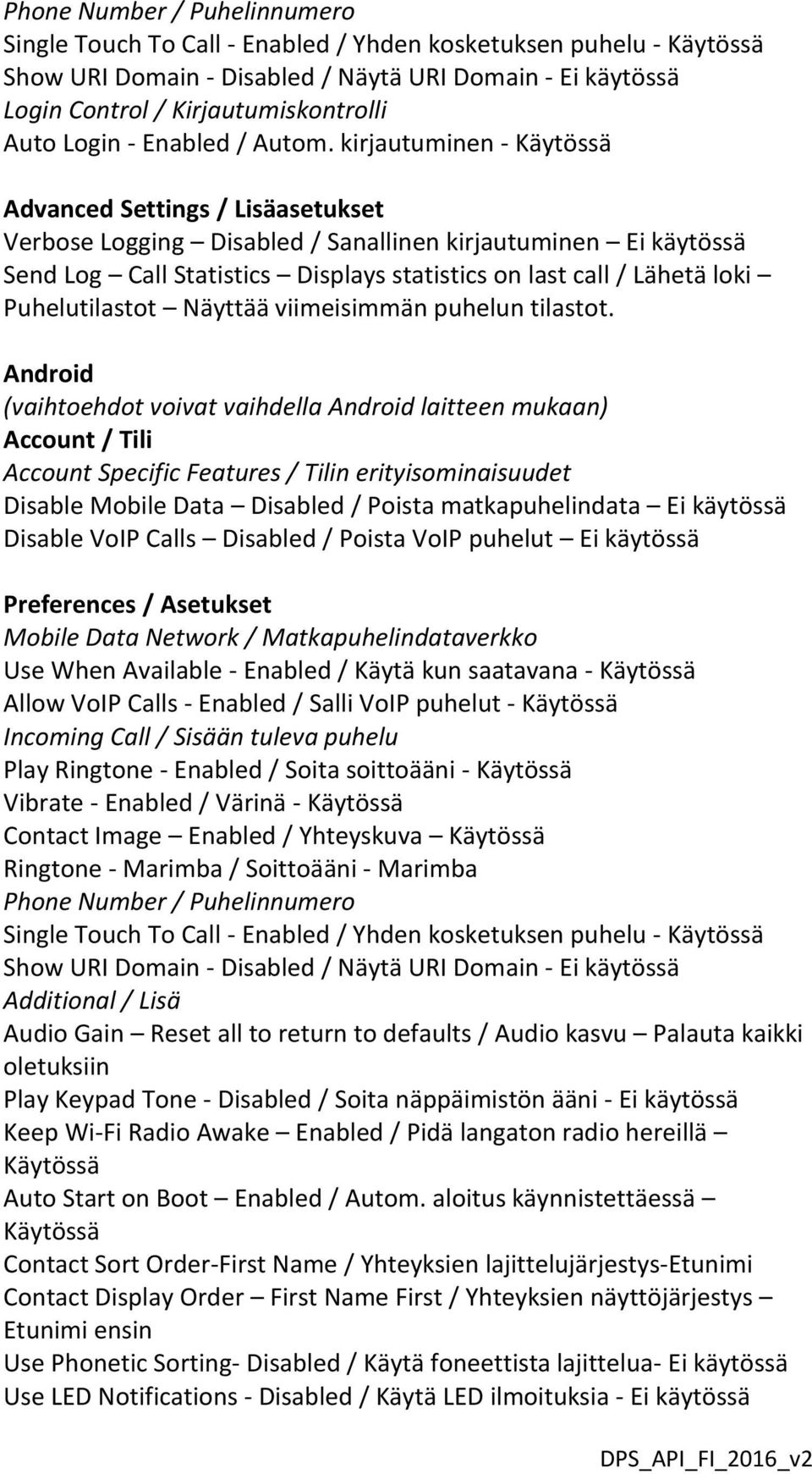 kirjautuminen - Käytössä Advanced Settings / Lisäasetukset Verbose Logging Disabled / Sanallinen kirjautuminen Ei käytössä Send Log Call Statistics Displays statistics on last call / Lähetä loki