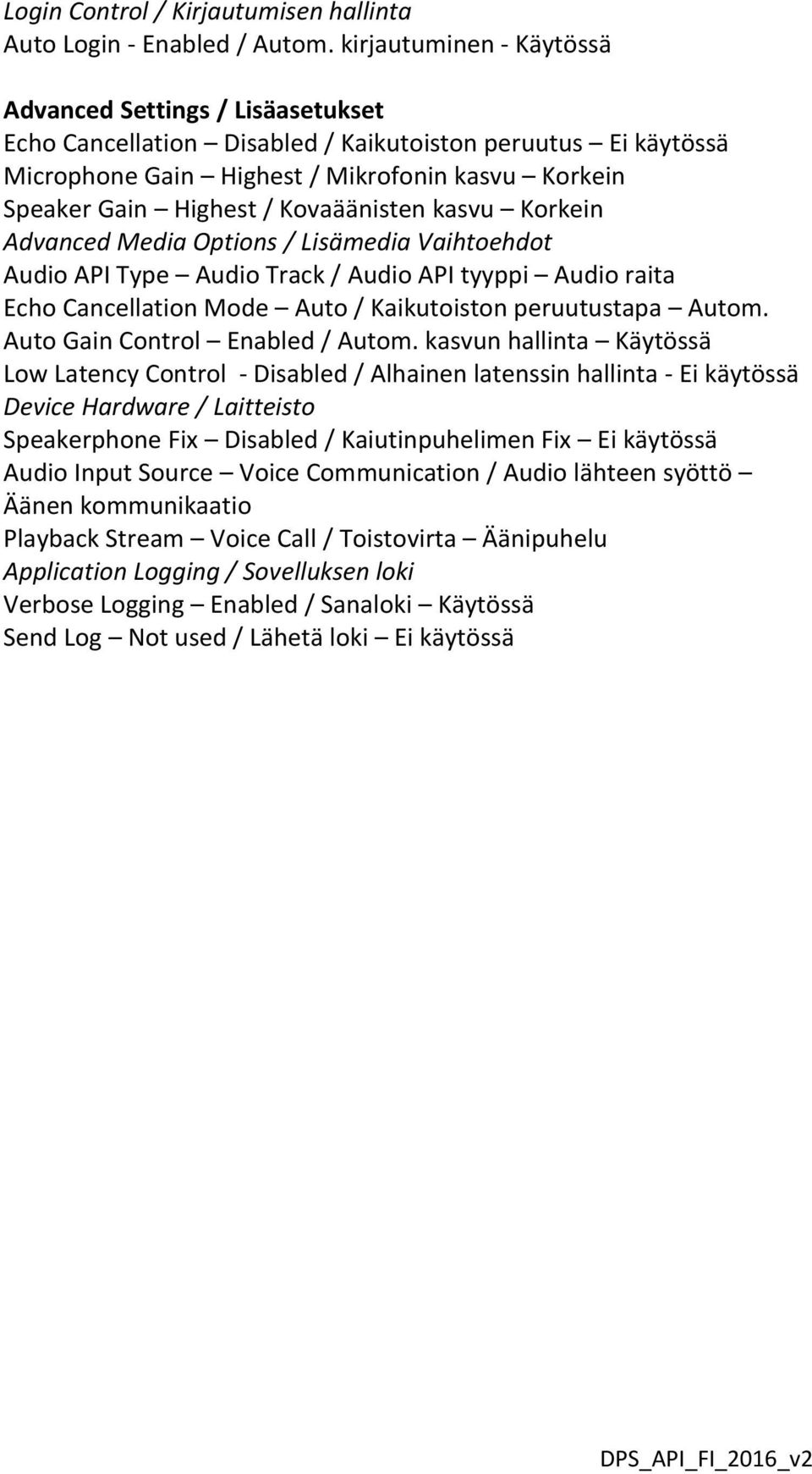 Kovaäänisten kasvu Korkein Advanced Media Options / Lisämedia Vaihtoehdot Audio API Type Audio Track / Audio API tyyppi Audio raita Echo Cancellation Mode Auto / Kaikutoiston peruutustapa Autom.