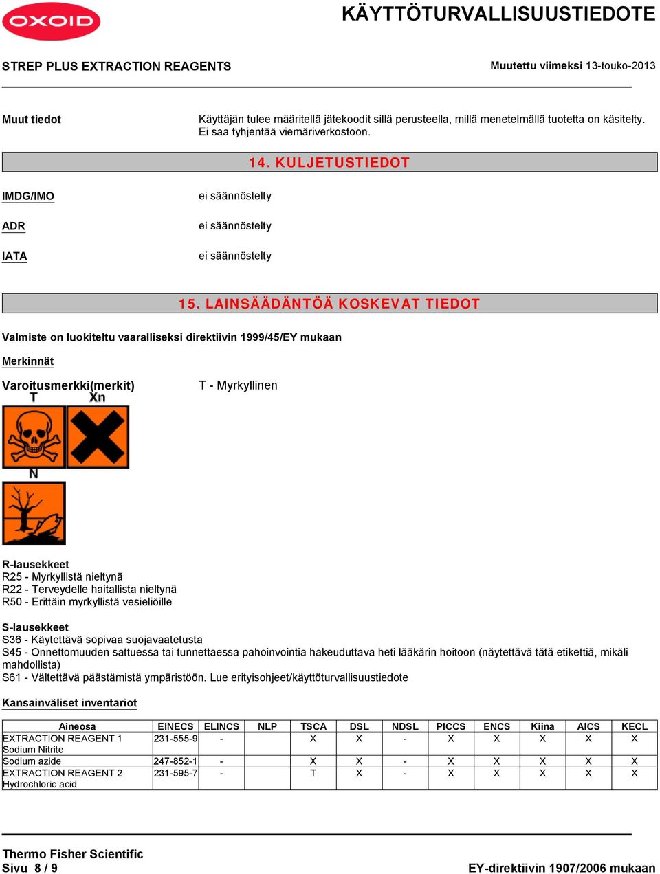 LAINSÄÄDÄNTÖÄ KOSKEVAT TIEDOT Valmiste on luokiteltu vaaralliseksi direktiivin 1999/45/EY mukaan Merkinnät Varoitusmerkki(merkit) T - Myrkyllinen R-lausekkeet R25 - Myrkyllistä nieltynä R22 -