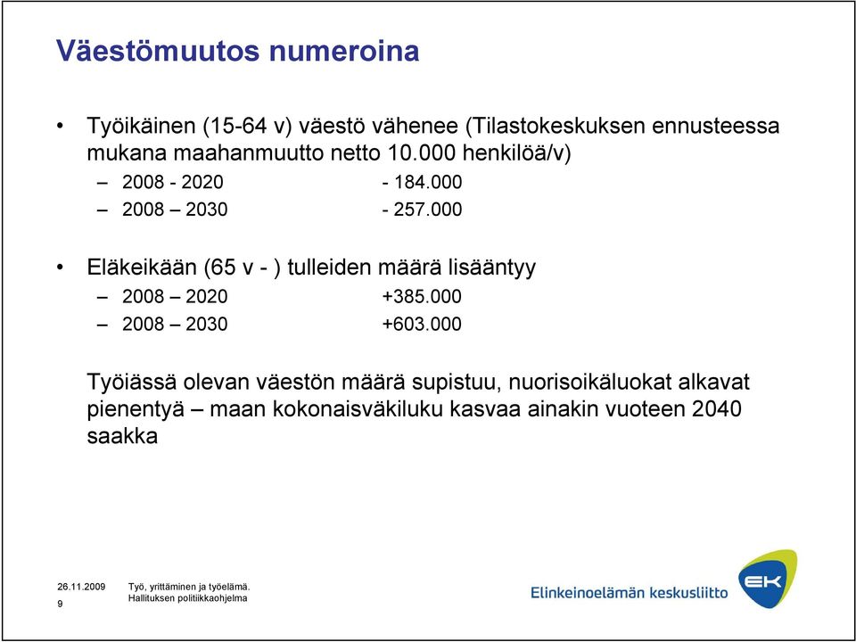 000 Eläkeikään (65 v - ) tulleiden määrä lisääntyy 2008 2020 +385.000 2008 2030 +603.