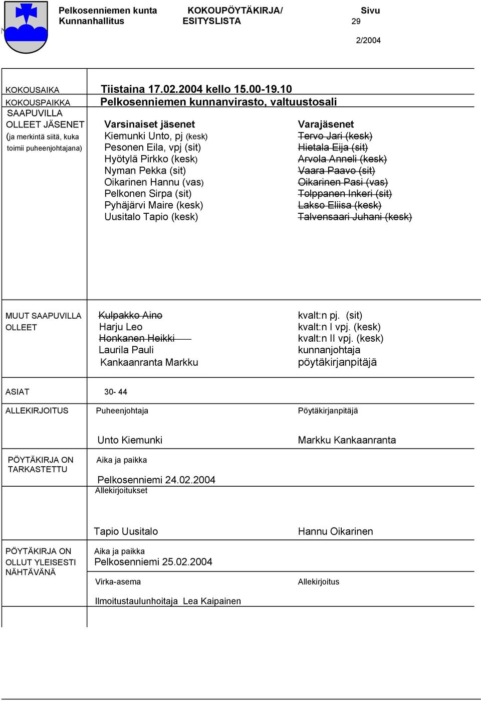 puheenjohtajana) Pesonen Eila, vpj (sit) Hietala Eija (sit) Hyötylä Pirkko (kesk) Arvola Anneli (kesk) Nyman Pekka (sit) Vaara Paavo (sit) Oikarinen Hannu (vas) Oikarinen Pasi (vas) Pelkonen Sirpa