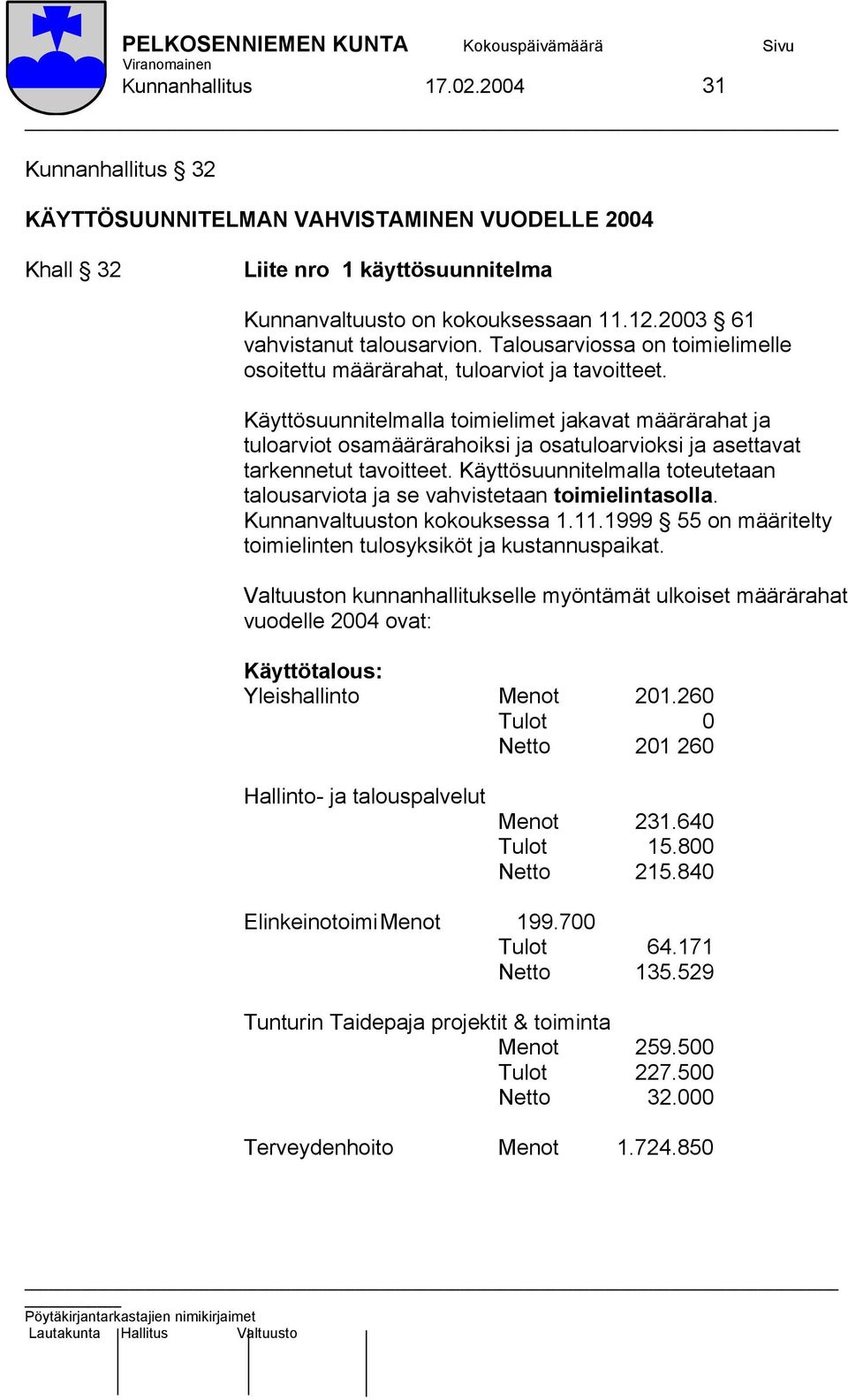 Käyttösuunnitelmalla toimielimet jakavat määrärahat ja tuloarviot osamäärärahoiksi ja osatuloarvioksi ja asettavat tarkennetut tavoitteet.