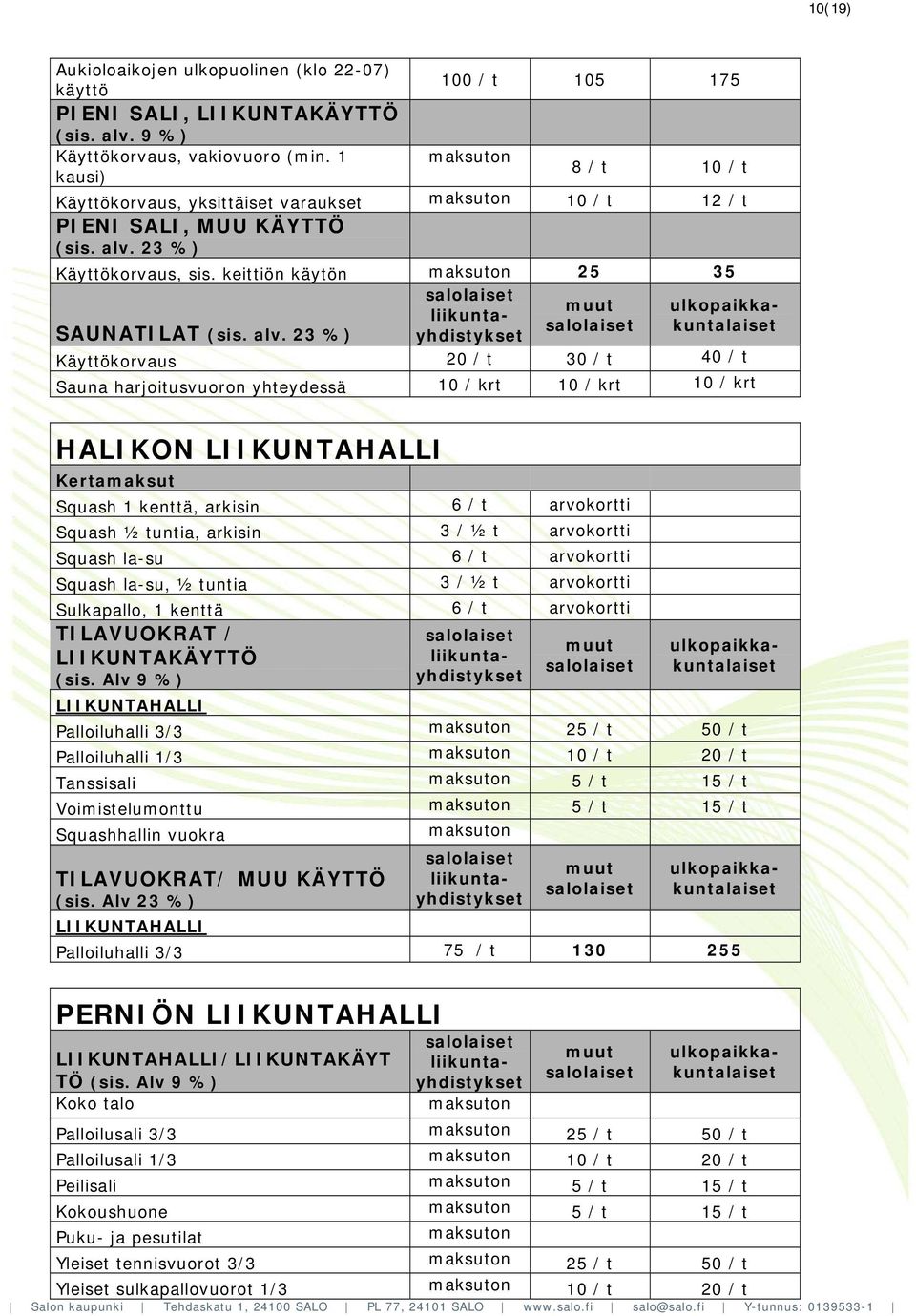 keittiön käytön 25 35 ulkopaikkaliikunta- kuntalaiset SAUNATILAT (sis. alv.