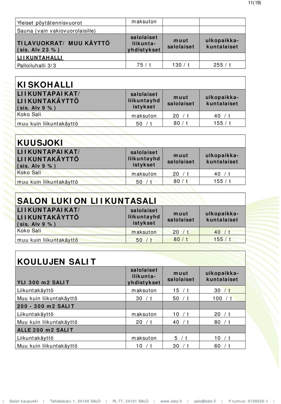 Alv 9 %) liikuntayhd istykset Koko Sali 20 / t 40 / t muu kuin liikuntakäyttö 50 / t 80 / t 155 / t KUUSJOKI LIIKUNTAPAIKAT/ LIIKUNTAKÄYTTÖ (sis.