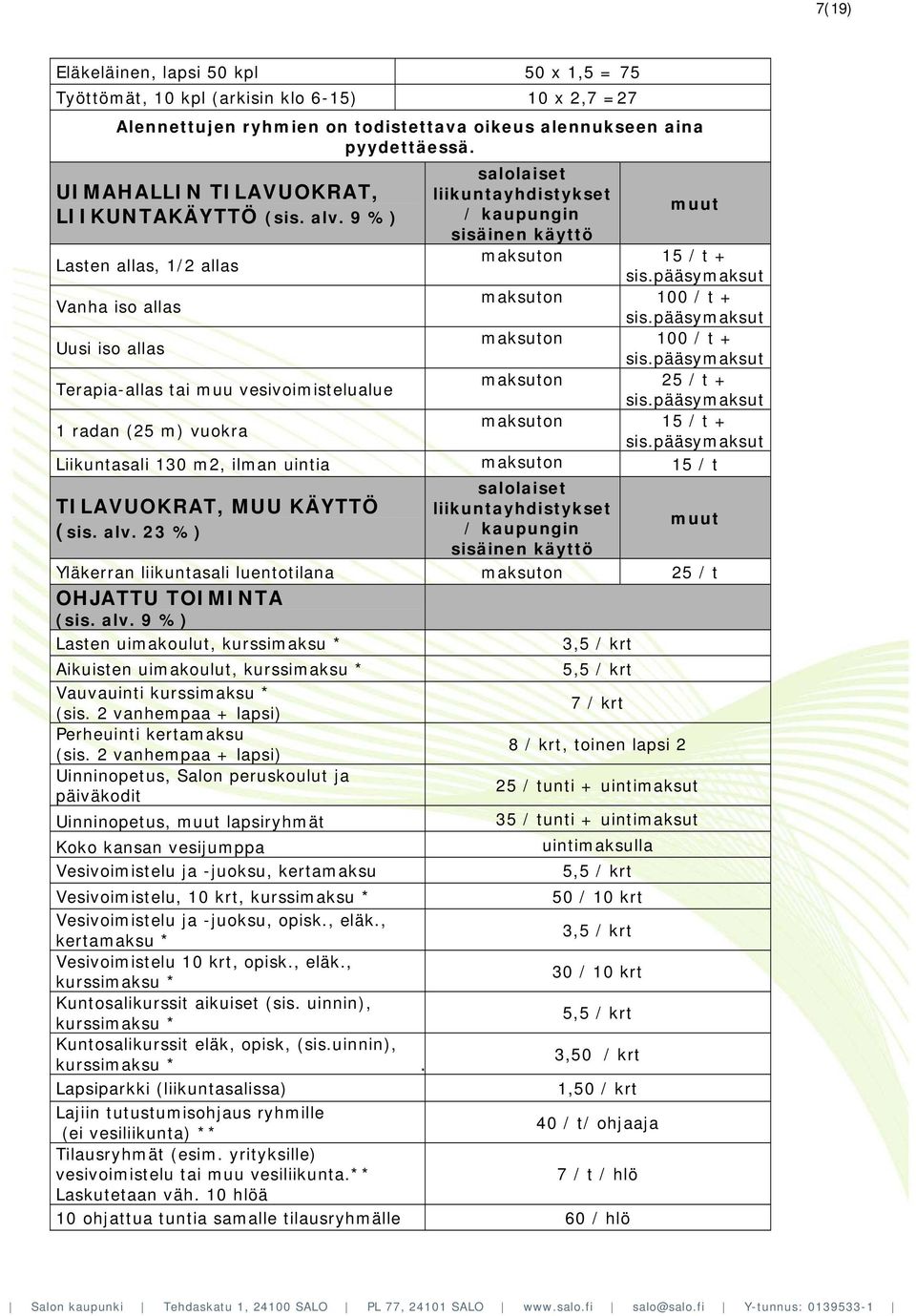 9 %) Lasten allas, 1/2 allas Vanha iso allas Uusi iso allas Terapia-allas tai muu vesivoimistelualue 1 radan (25 m) vuokra / kaupungin sisäinen käyttö 15 / t + sis.pääsymaksut 100 / t + sis.