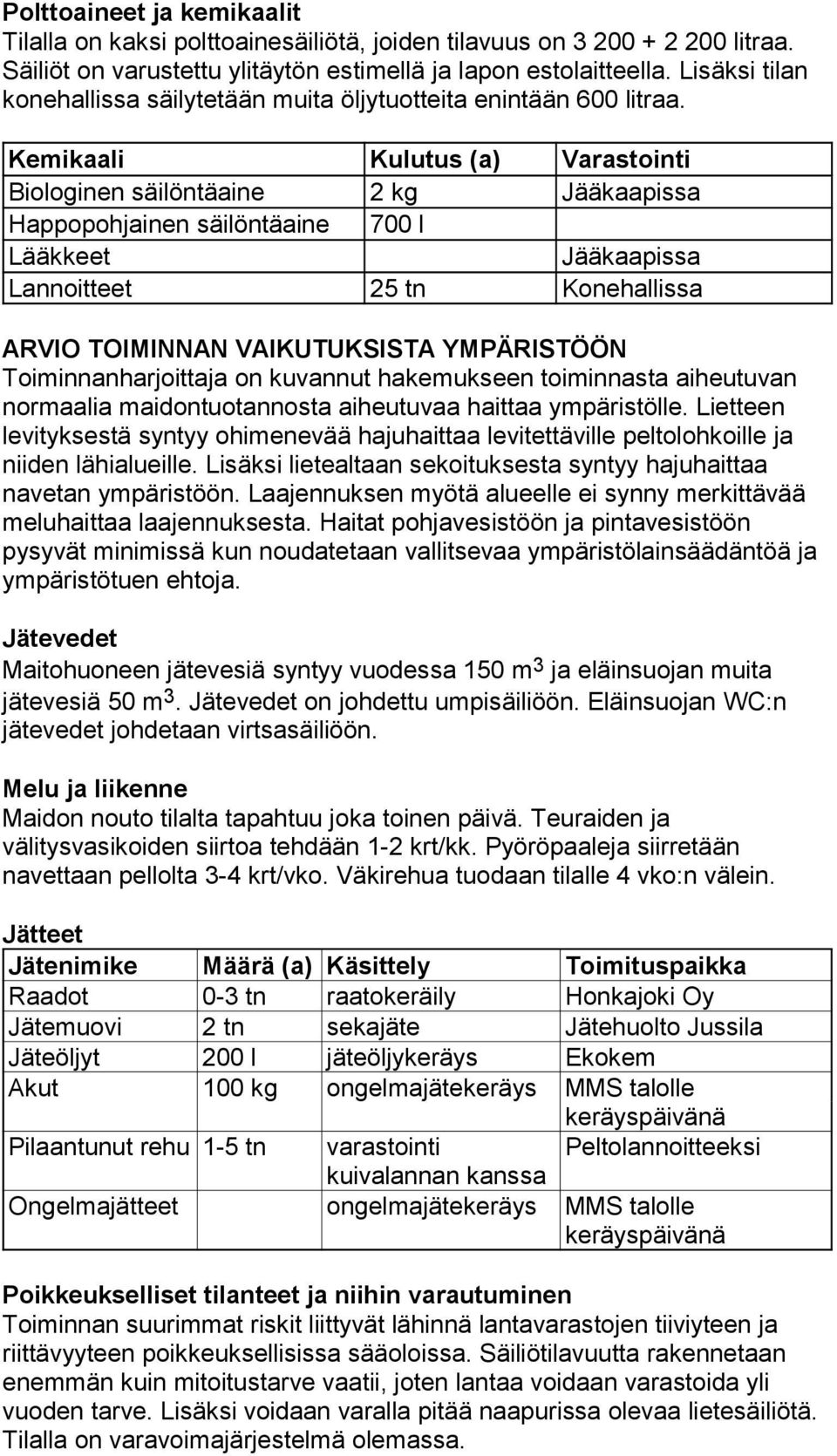 Kemikaali Kulutus (a) Varastointi Biologinen säilöntäaine 2 kg Jääkaapissa Happopohjainen säilöntäaine 700 l Lääkkeet Jääkaapissa Lannoitteet 25 tn Konehallissa ARVIO TOIMINNAN VAIKUTUKSISTA