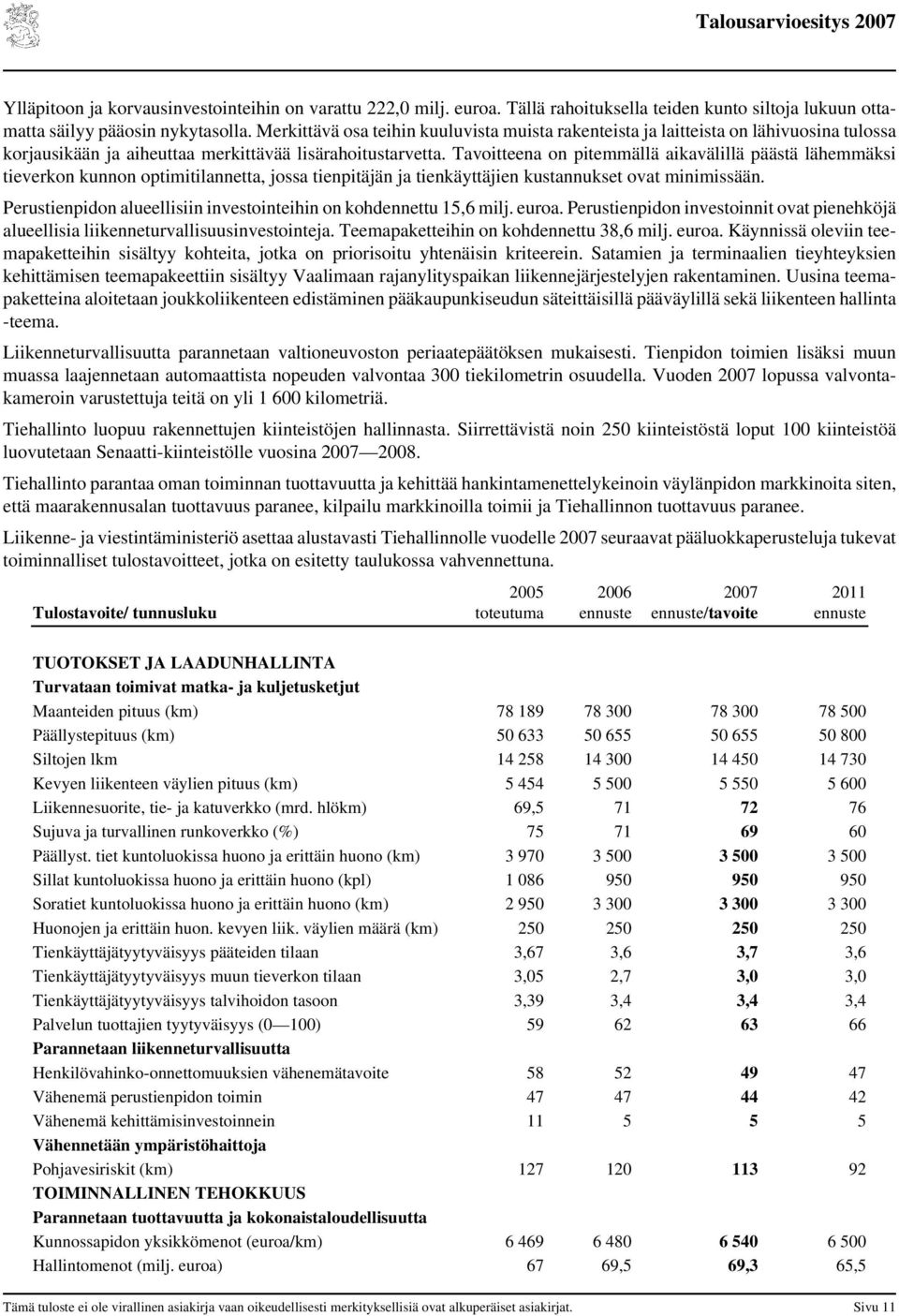 Tavoitteena on pitemmällä aikavälillä päästä lähemmäksi tieverkon kunnon optimitilannetta, jossa tienpitäjän ja tienkäyttäjien kustannukset ovat minimissään.