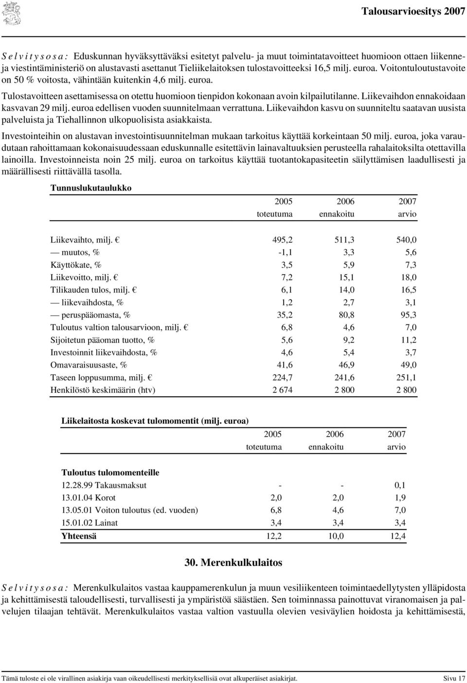 Liikevaihdon ennakoidaan kasvavan 29 milj. euroa edellisen vuoden suunnitelmaan verrattuna. Liikevaihdon kasvu on suunniteltu saatavan uusista palveluista ja Tiehallinnon ulkopuolisista asiakkaista.