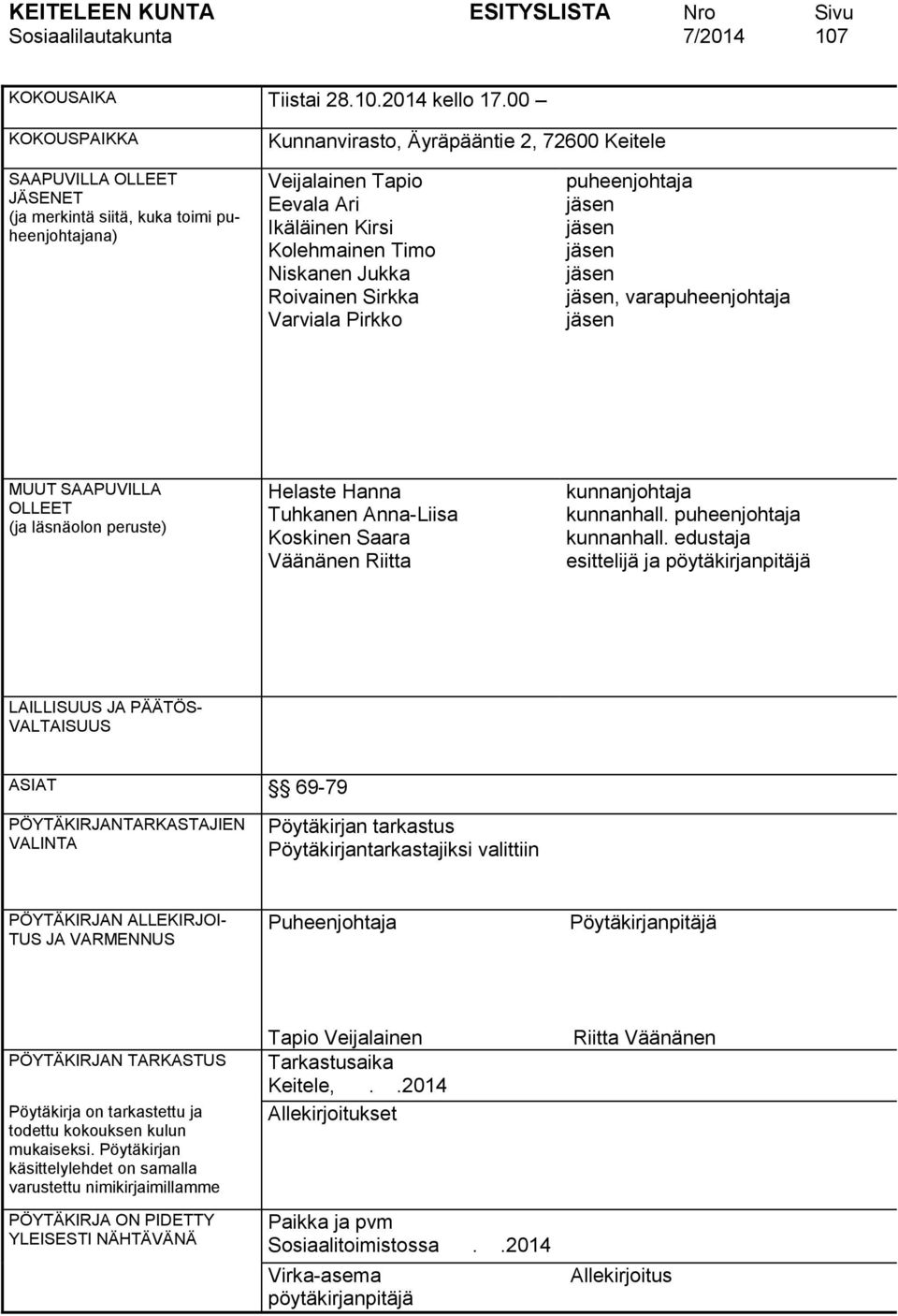 Niskanen Jukka Roivainen Sirkka Varviala Pirkko puheenjohtaja jäsen jäsen jäsen jäsen jäsen, varapuheenjohtaja jäsen MUUT SAAPUVILLA OLLEET (ja läsnäolon peruste) Helaste Hanna Tuhkanen Anna-Liisa