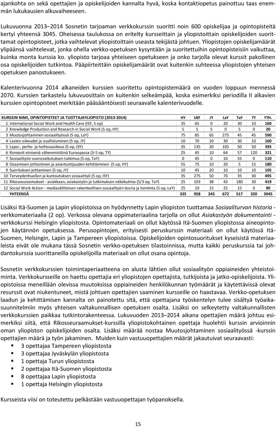 Oheisessa taulukossa on eritelty kursseittain ja yliopistoittain opiskelijoiden suorittamat opintopisteet, jotka vaihtelevat yliopistoittain useasta tekijästä johtuen.