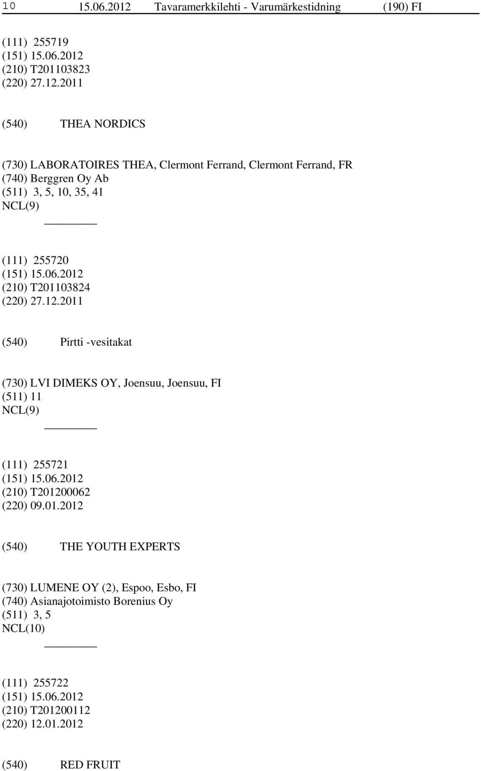 2011 THEA NORDICS (730) LABORATOIRES THEA, Clermont Ferrand, Clermont Ferrand, FR (740) Berggren Oy Ab (511) 3, 5, 10, 35, 41 (111)