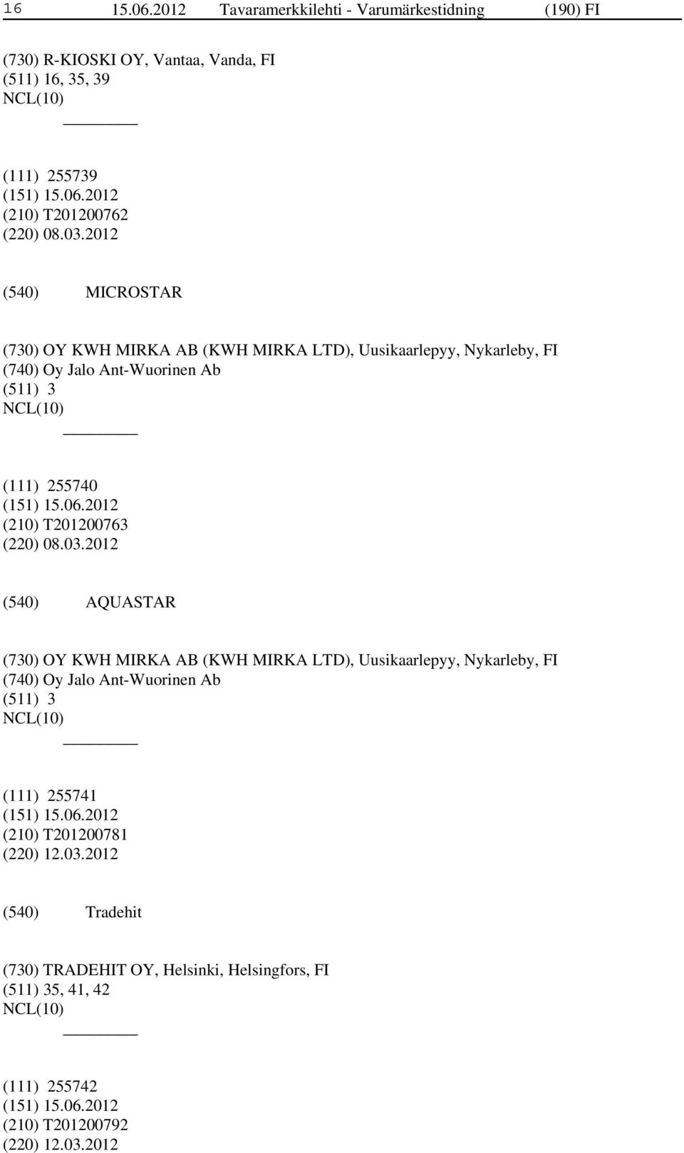 2012 MICROSTAR (730) OY KWH MIRKA AB (KWH MIRKA LTD), Uusikaarlepyy, Nykarleby, FI (740) Oy Jalo Ant-Wuorinen Ab (511) 3 (111) 255740 (210) T201200763