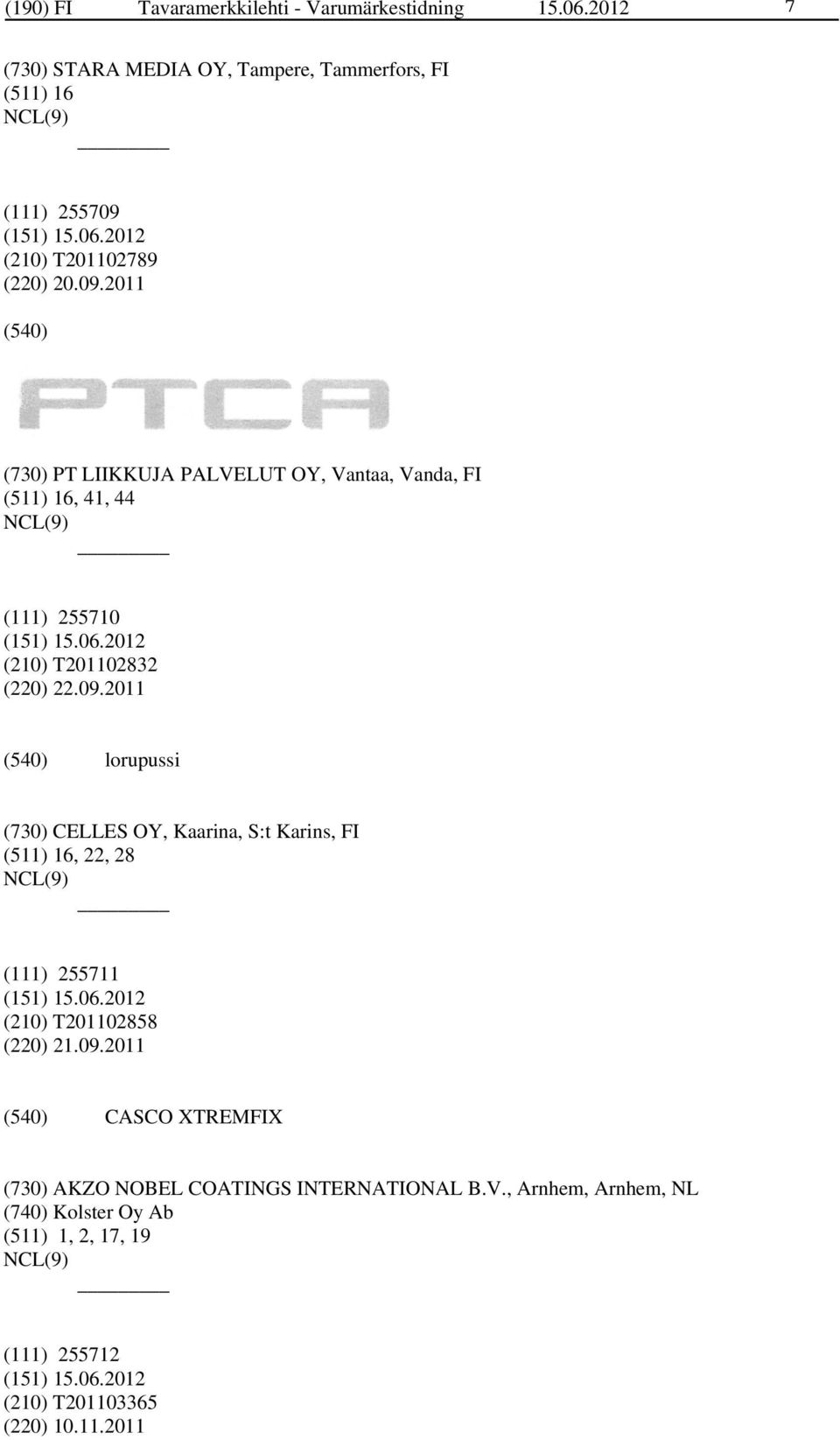 (210) T201102789 (220) 20.09.2011 (730) PT LIIKKUJA PALVELUT OY, Vantaa, Vanda, FI (511) 16, 41, 44 (111) 255710 (210) T201102832 (220) 22.