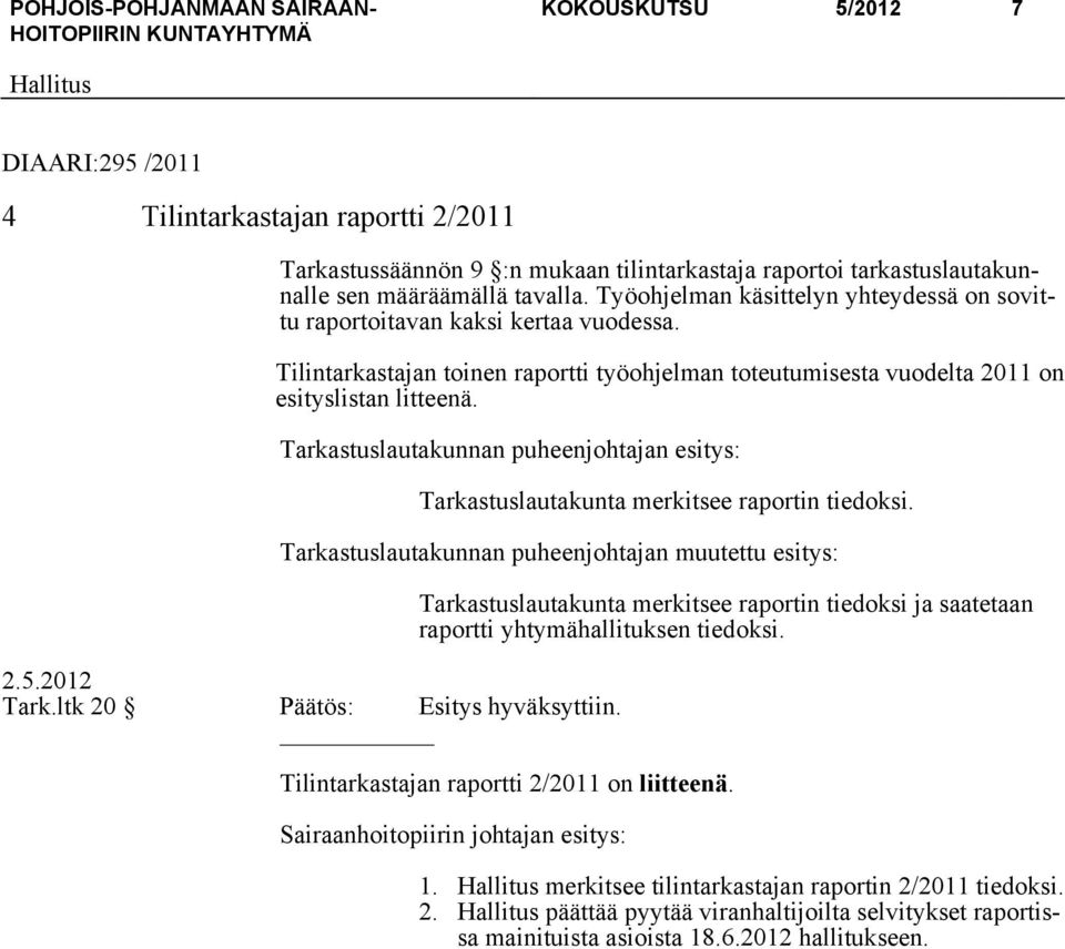 Tarkastuslautakunnan puheenjohtajan esitys: Tarkastuslautakunta merkitsee raportin tiedoksi. Tarkastuslautakunnan puheenjohtajan muutettu esitys: 2.5.2012 Tark.ltk 20 Päätös: Esitys hyväksyttiin.