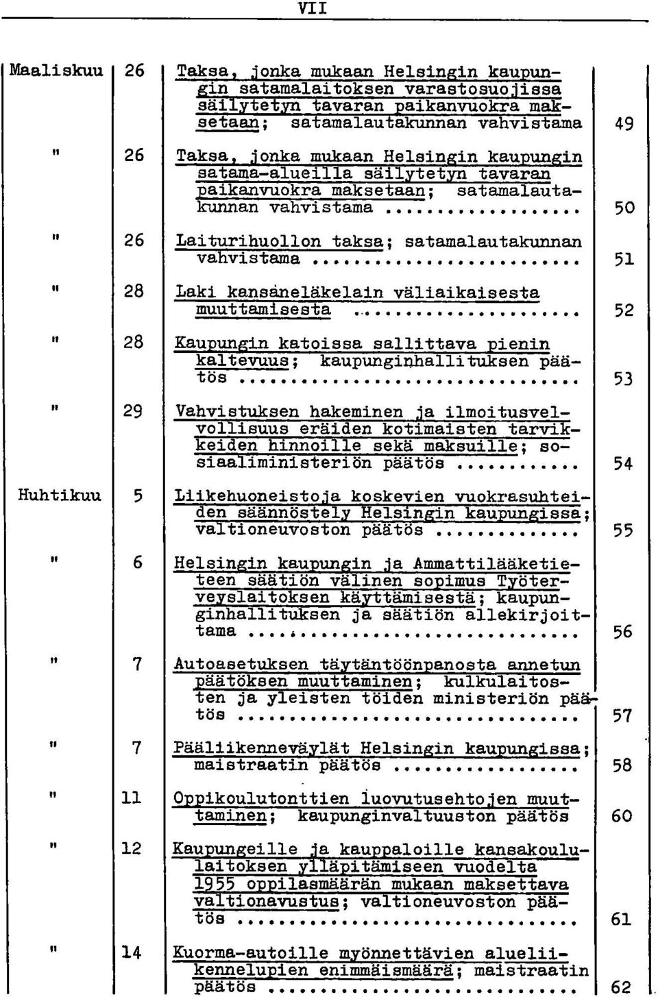 ... 50 Laiturihuollon taksaj satamalautakunnan vahvistama 51 Laki kansaneläkelain väliaikaisesta muuttamisesta........ 52 Kaupungin katoissa sallittava pienin kal tevuus j kaupunginhalli tuksen päätös.