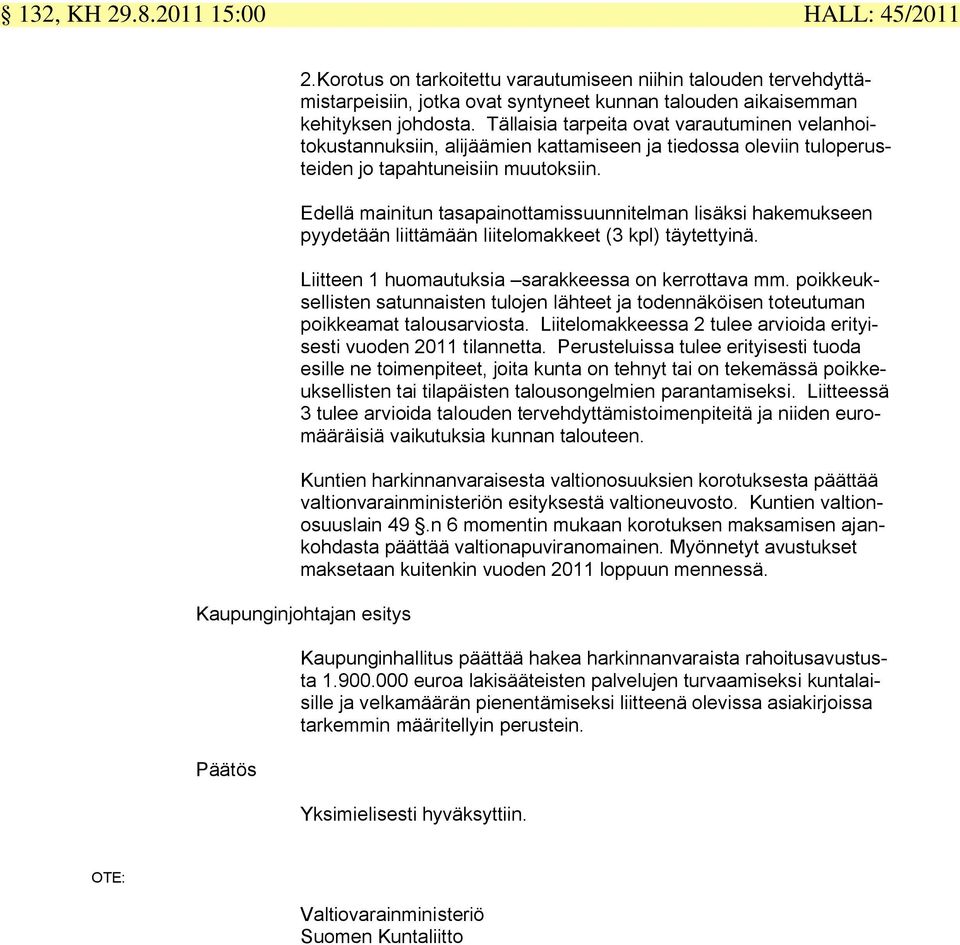Edellä mainitun tasapainottamissuunnitelman lisäksi hakemukseen pyydetään liittämään liitelomakkeet (3 kpl) täytettyinä. Liitteen 1 huomautuksia sarakkeessa on kerrottava mm.