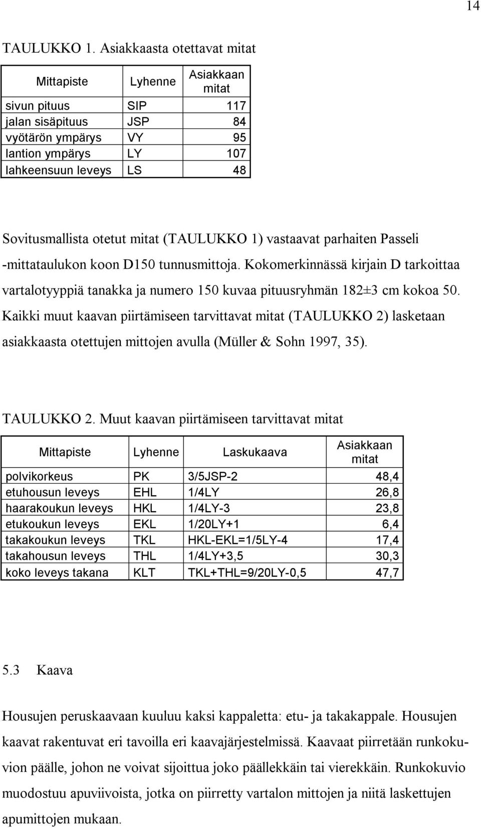 otetut mitat (TAULUKKO 1) vastaavat parhaiten Passeli -mittataulukon koon D150 tunnusmittoja.